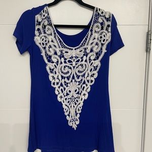 Cobalt Blue top with white lace style detail back